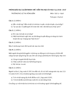 Đề kiểm tra học kỳ II môn Vật lý Lớp 8 - Năm học 2016-2017 - Trường THCS Lê Thị Hồng Gấm